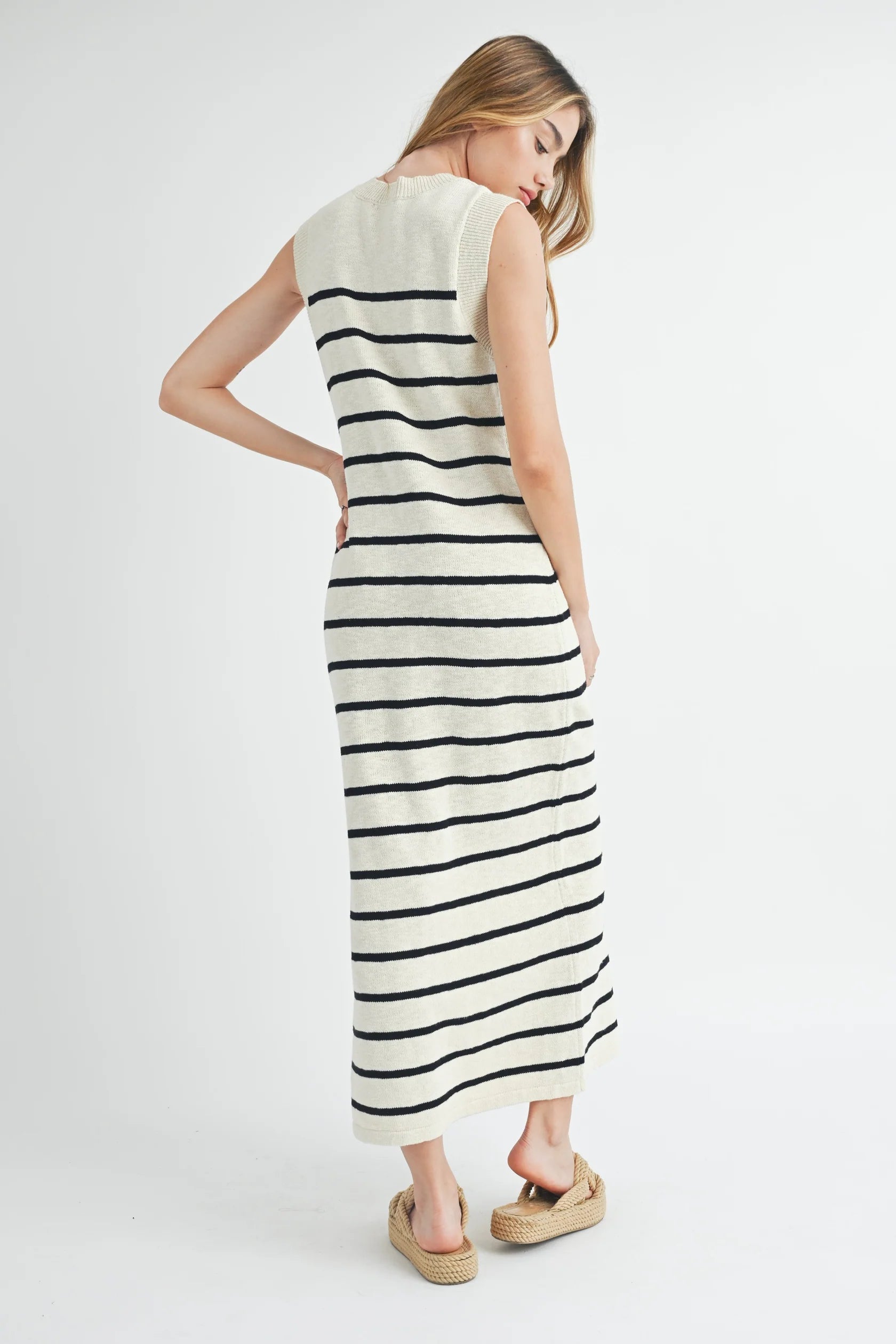 Sleeveless Stripe Sweater Midi Side Slit Dress