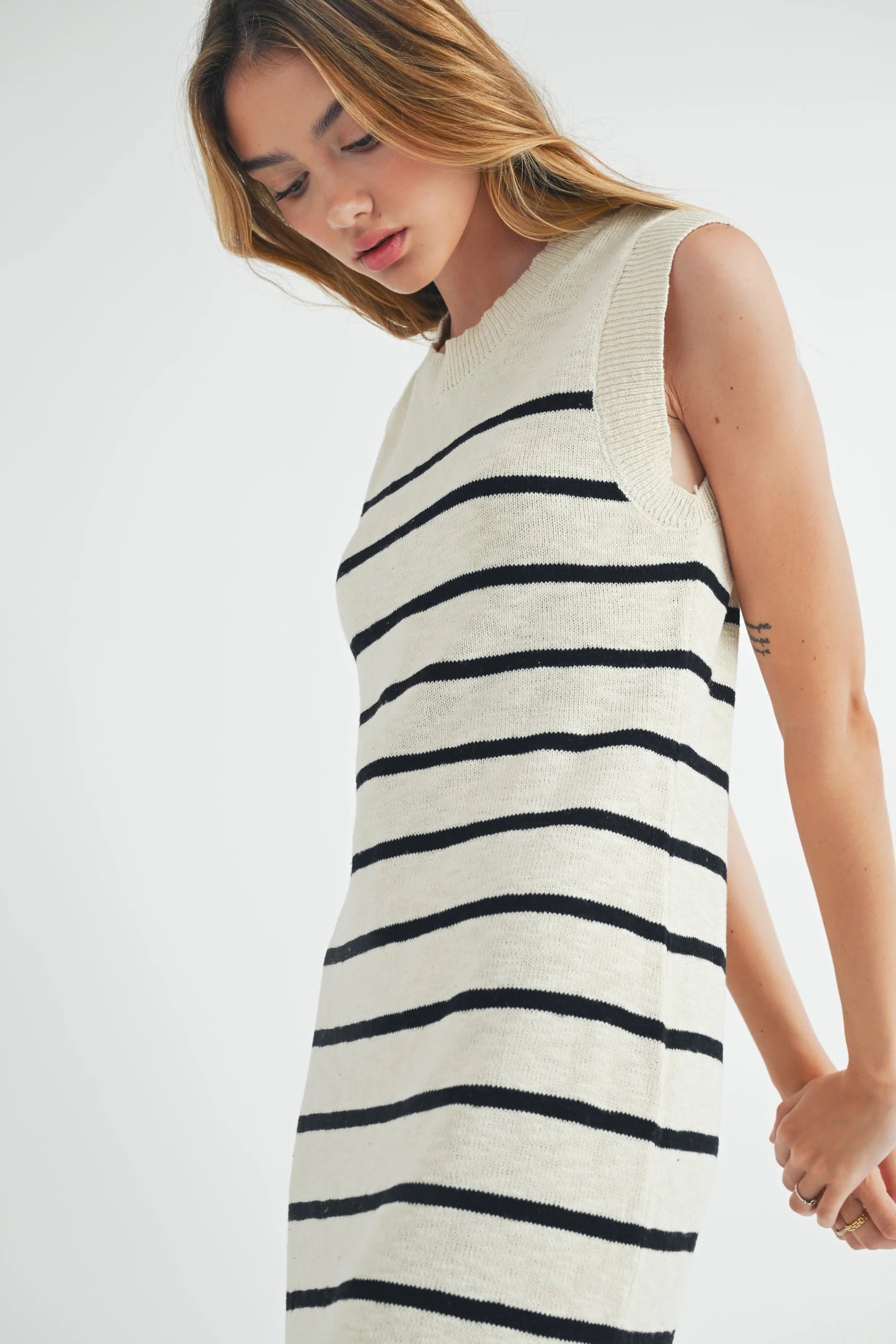 Sleeveless Stripe Sweater Midi Side Slit Dress