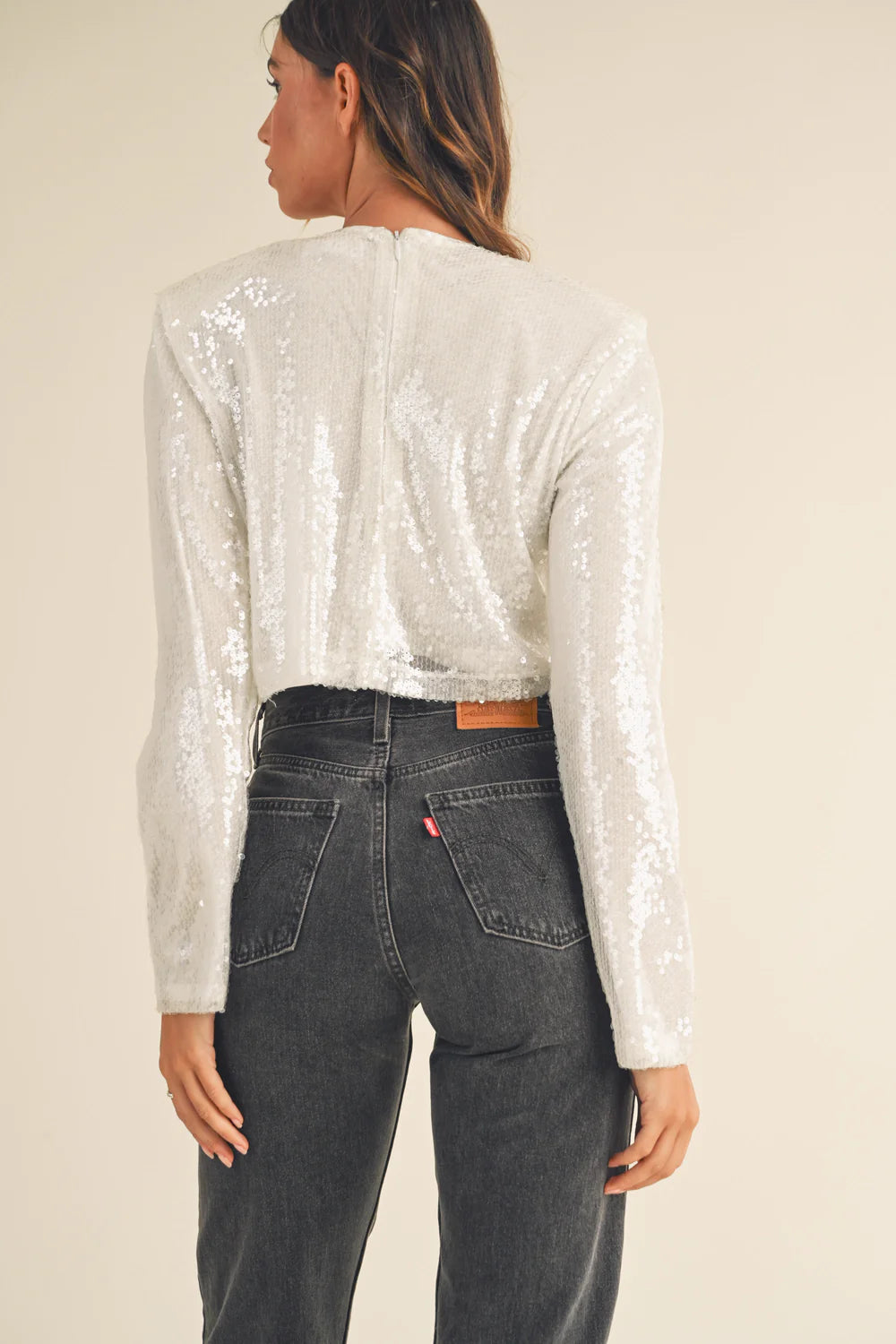 Off White Fenna Shoulder Padded Sequin Crop Top | Collective Request 
