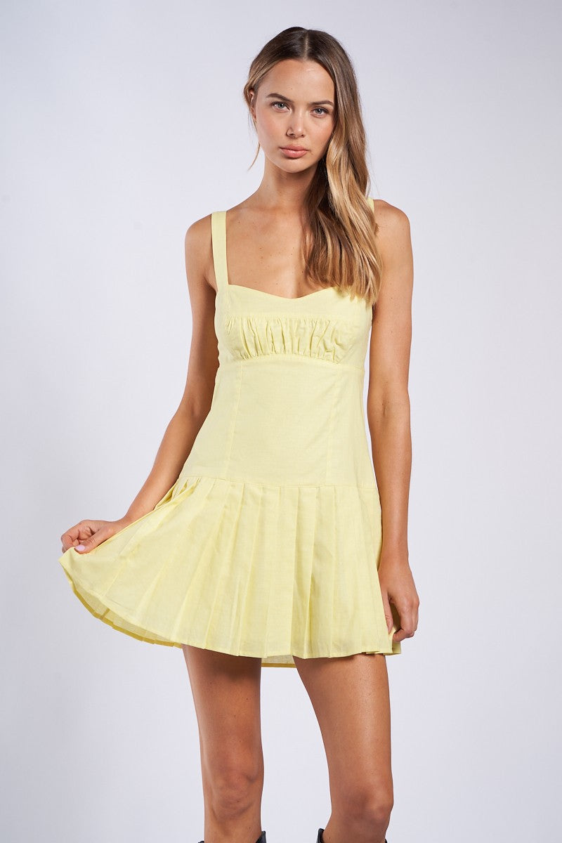 Yellow Tie Strap Open Back Pleated Mini Dress | Collective Request 