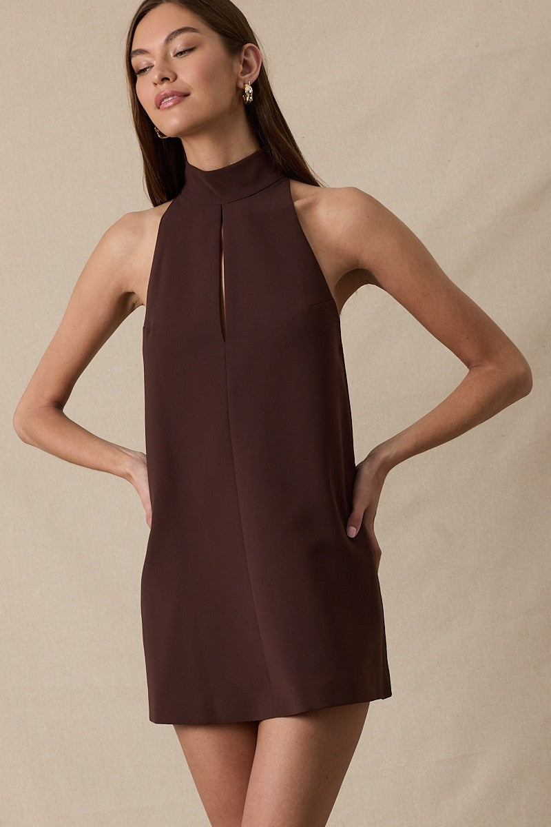 Chocolate Turtle Neck Cutout Plain Mini Dress