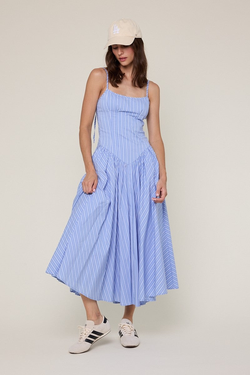 Blue Striped Tie Strap Casual Fit & Flare Midi Dress