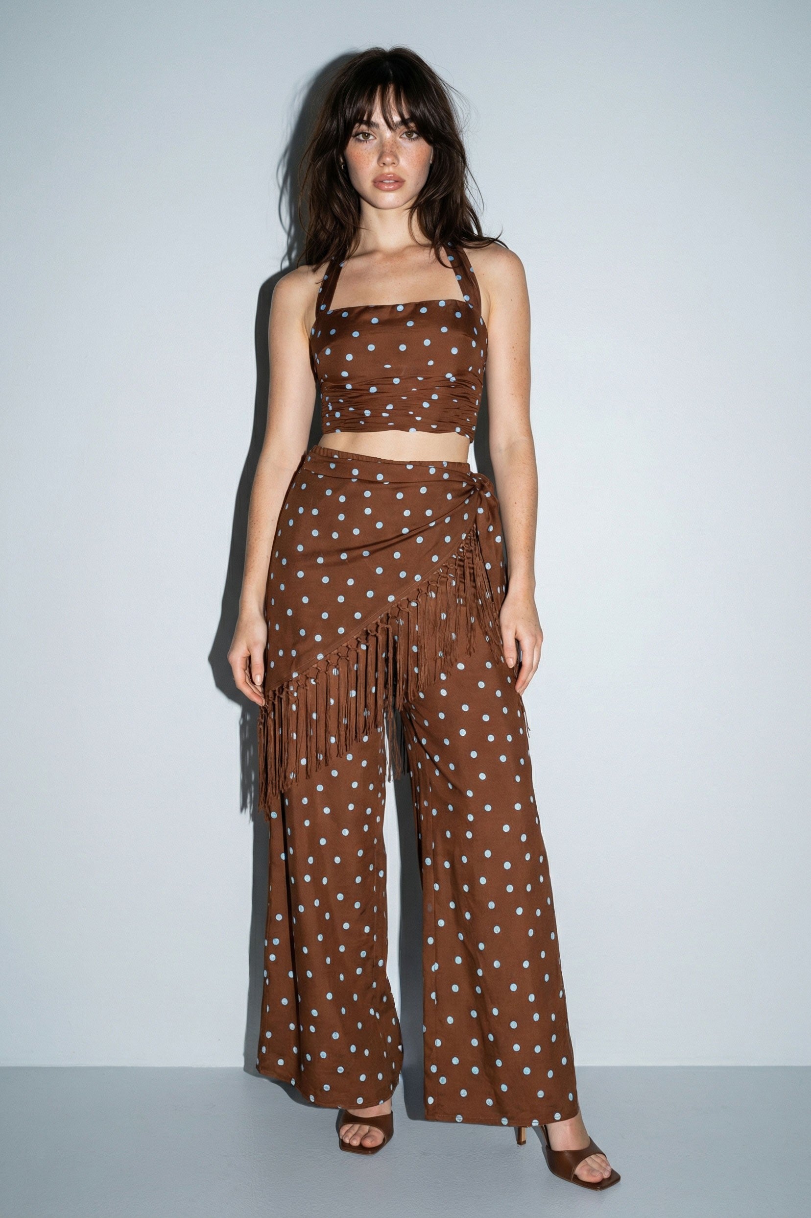 Brown Polka Dot Halter Top And Fringe Pants Set