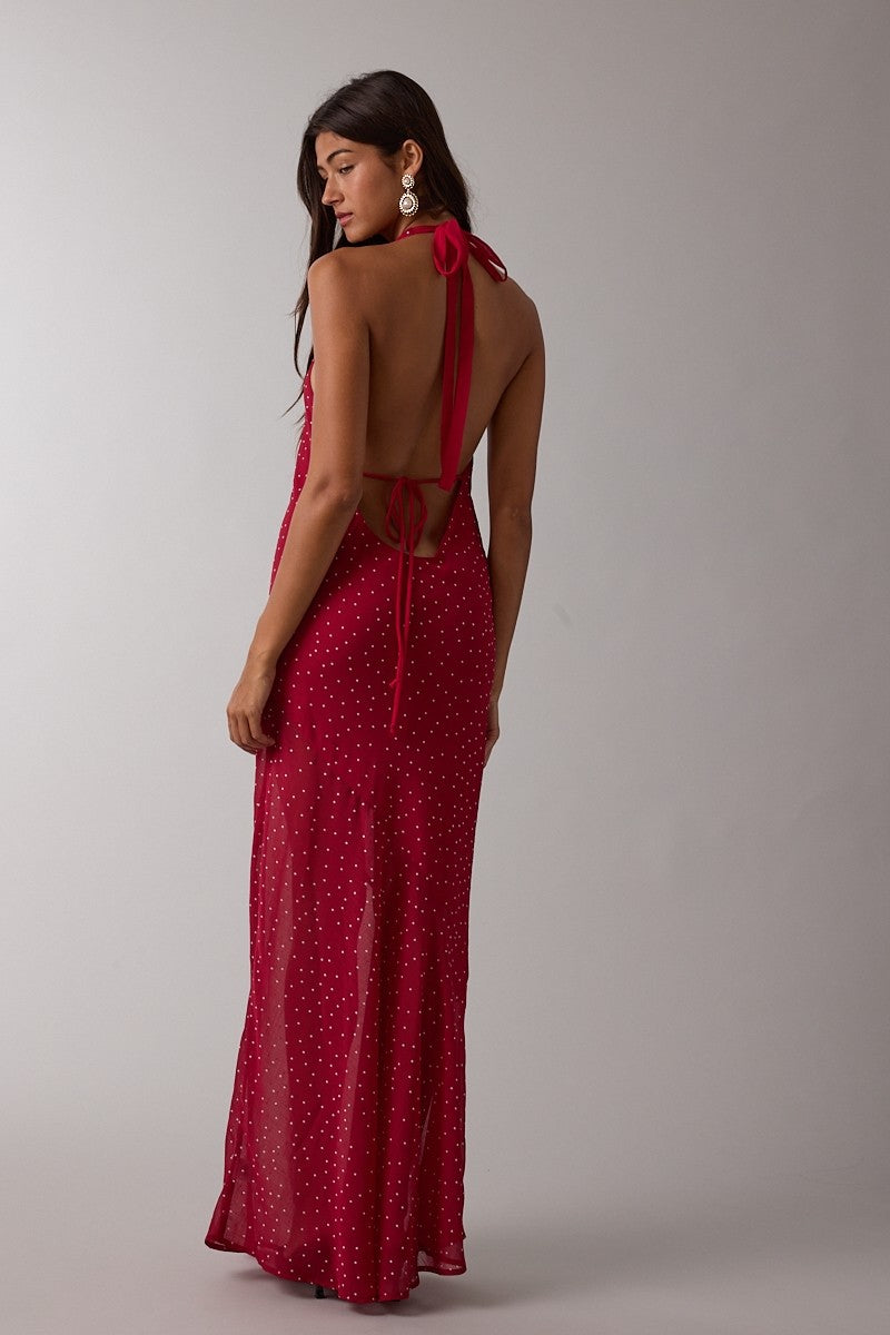 Halter Tie Neck Open Back Waist Tie Maxi Dress