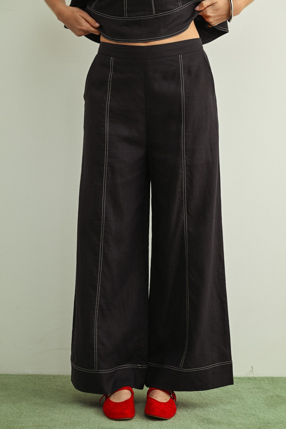Navy Stitch Detailed Wide Leg Linen Pants