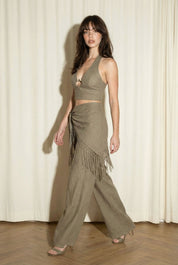 Fringe Wrap Three Piece Set Top Pants Scarf
