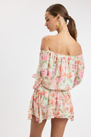 Red Vibrant Floral Off-shoulder Long Sleeve Mini Dress