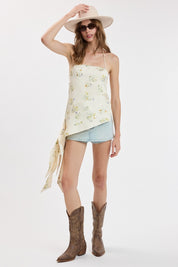 Cream Floral Ruffle Accent One-side Slit Top