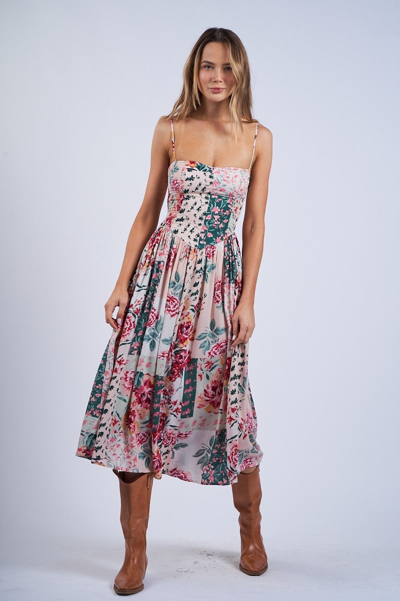 Floral Patch Print Sleeveless Smocked Midi Dress