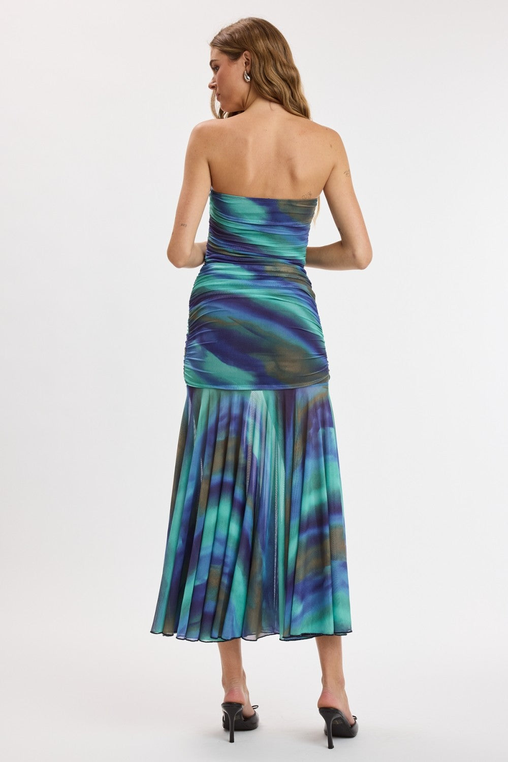 Ocean Tie-dye See-through Ruched Tube Midi Dress