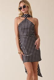 Stain Polka Dot Long Scarf Bias Cut Mini Dress