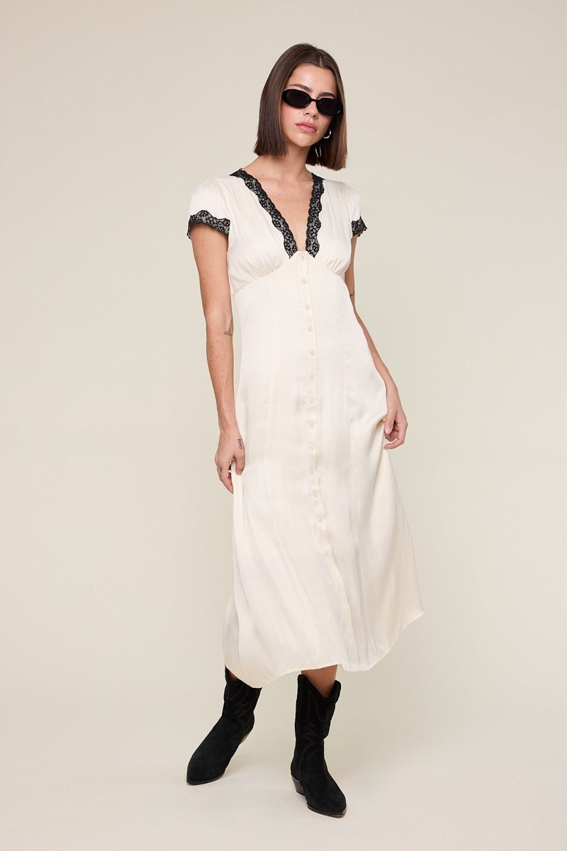 Satin Short Sleeve Lace Trim Point Long Midi Dress
