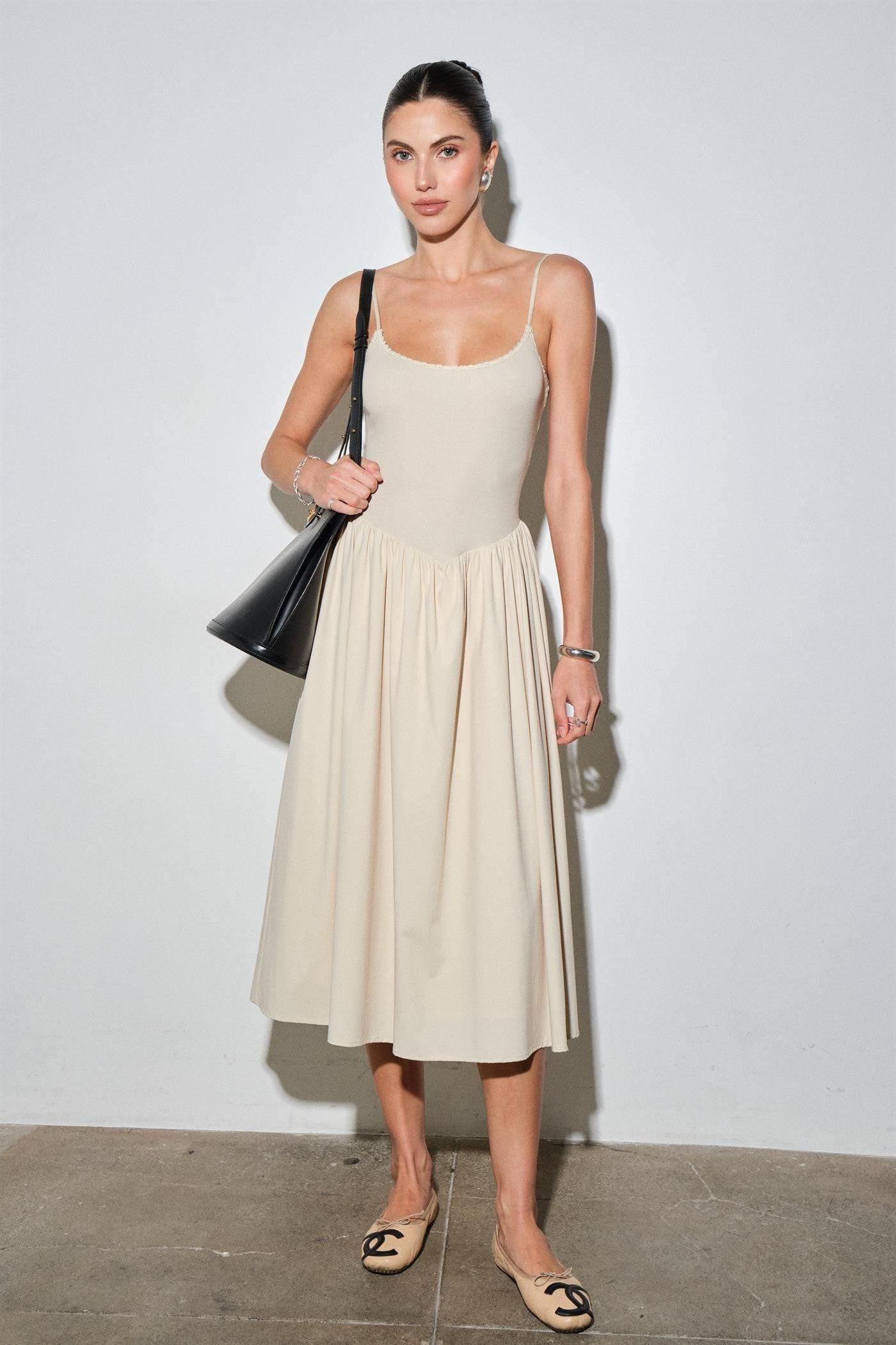 Anna Jersey Bodice Poplin Skirt Gathered Midi Dress