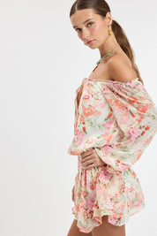 Red Vibrant Floral Off-shoulder Long Sleeve Mini Dress