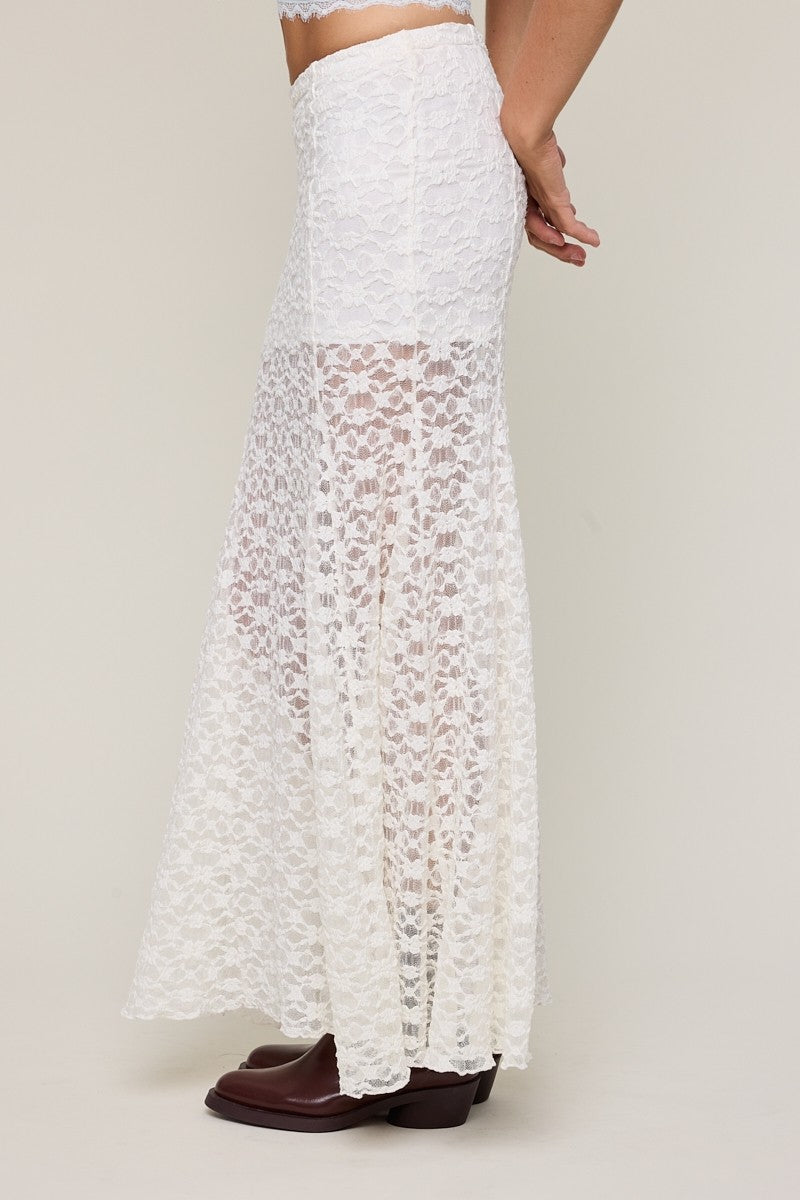 Solid Color See-through Floral Lace Maxi Skirt