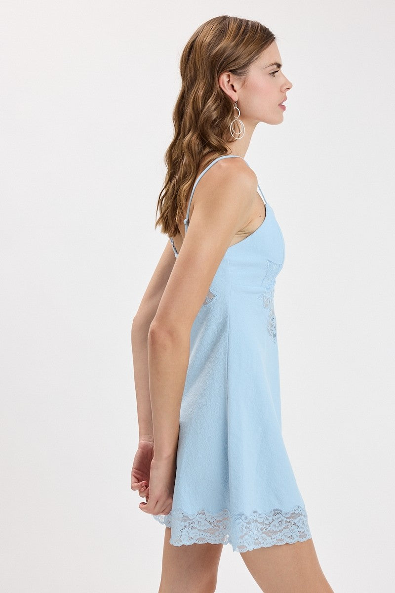 Blue Linen Floral Lace Accent Cocktail Mini Dress