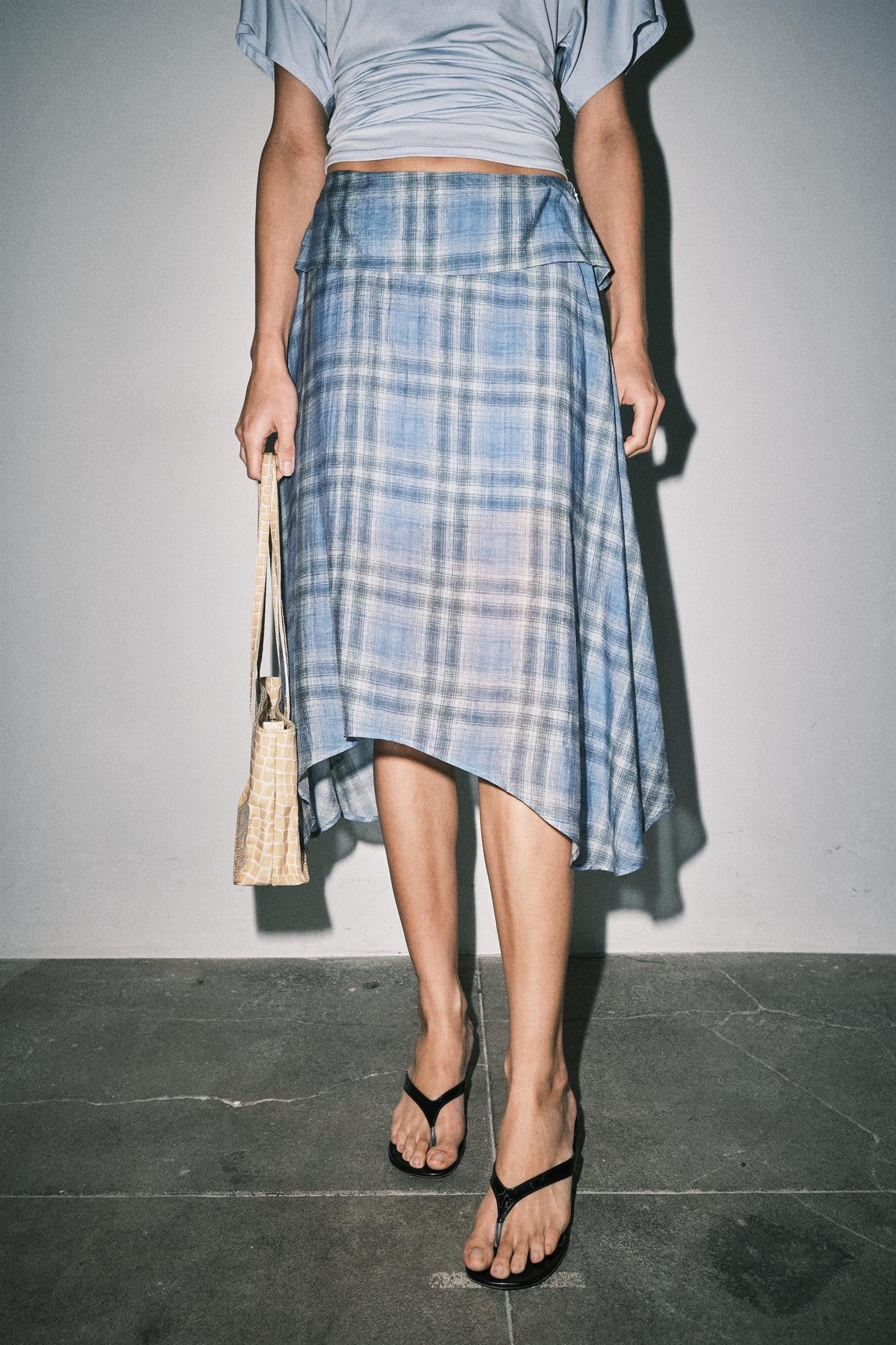 Emily Plaid Linen Wrap Asymmetric Midi Skirt