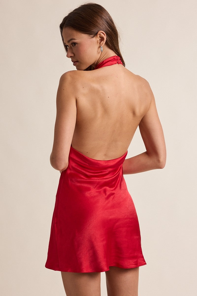 Red Holiday Satin Mock Cowl Neck Open Back Mini Dress
