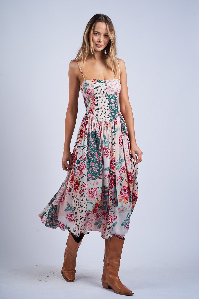 Floral Patch Print Sleeveless Smocked Midi Dress