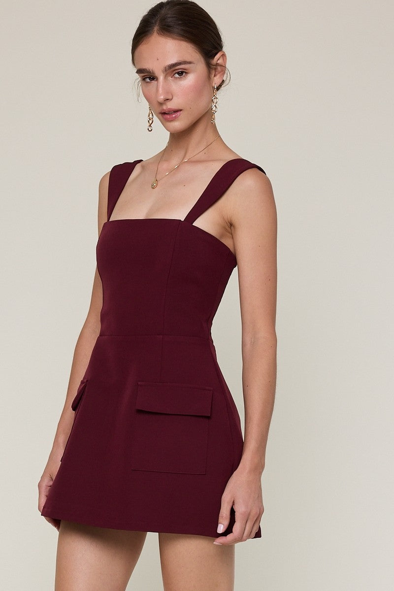 Burgundy Square Neck Plain Mini Dress