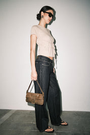 Tan Amber Fine Knit Tie Waist Short Sleeve Tee Top