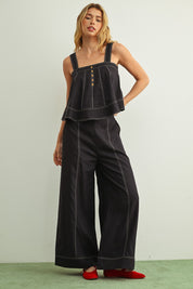 Navy Stitch Detailed Wide Leg Linen Pants