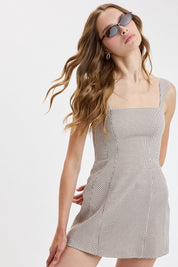 Gingham Checker Wide Strap Plain Mini Dress
