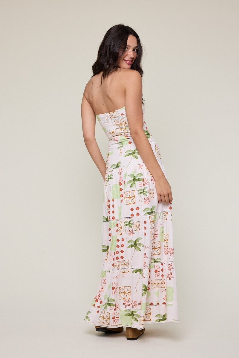Vintage Palm Tree Tiered Lace Trim Tube Maxi Dress