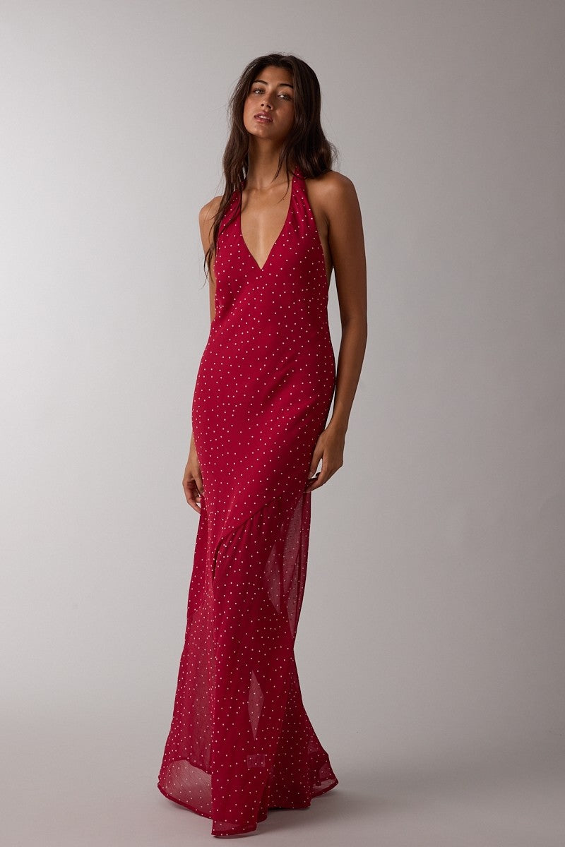 Halter Tie Neck Open Back Waist Tie Maxi Dress