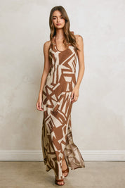 Abstract Contrast Bind Halter Maxi Dress