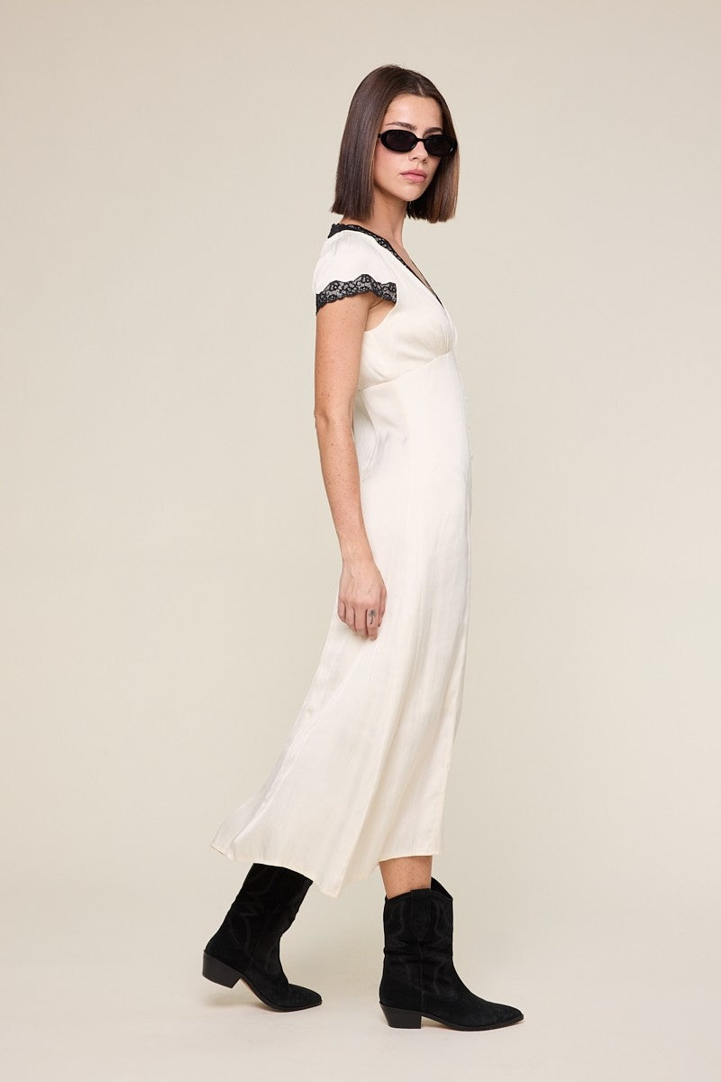 Satin Short Sleeve Lace Trim Point Long Midi Dress