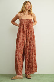 Leaf Printed Loose Jumpsuit