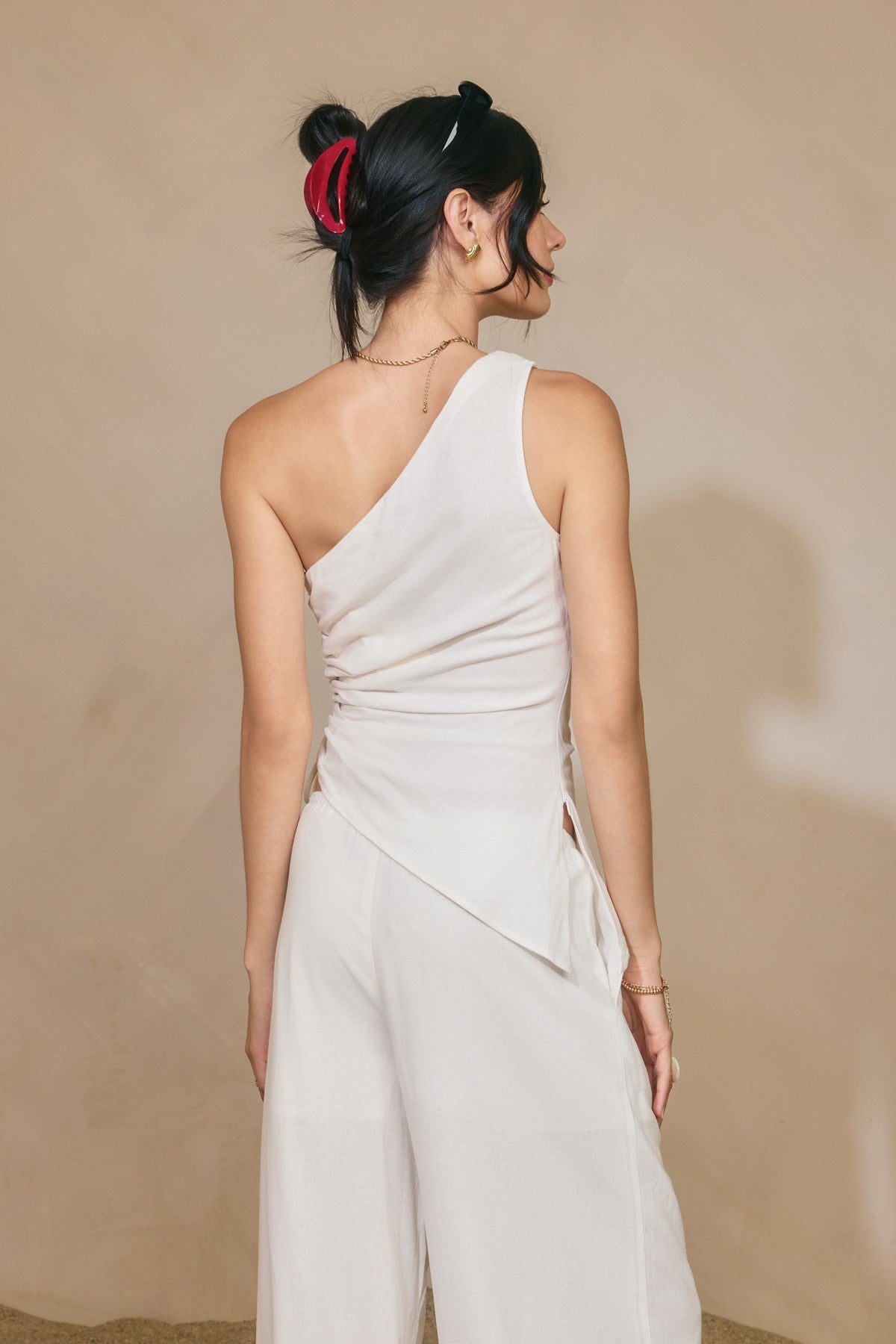 Linen One Shoulder Ruched Top