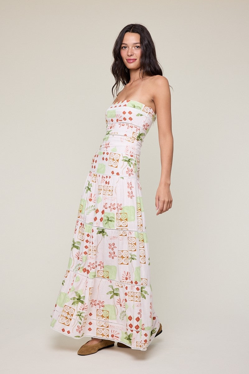 Vintage Palm Tree Tiered Lace Trim Tube Maxi Dress