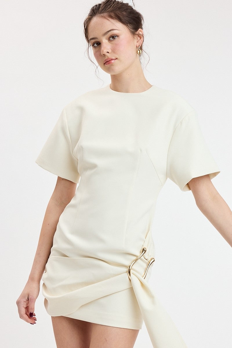 Cream Padded Shoulder Mini Dress