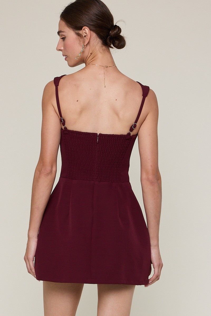 Burgundy Square Neck Plain Mini Dress