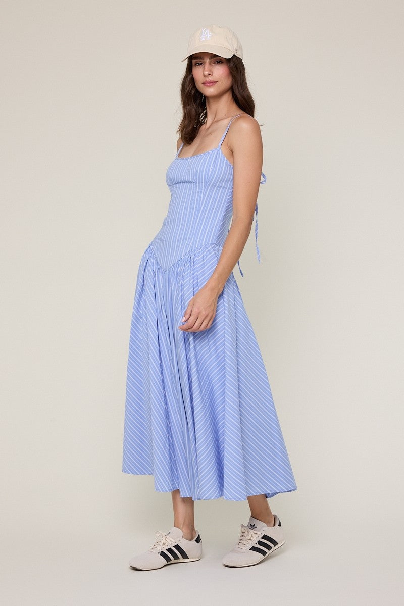 Blue Striped Tie Strap Casual Fit & Flare Midi Dress