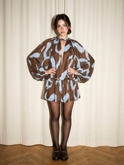 Geo Printed Twist Neck Balloon Sleeve Playsuit Romper