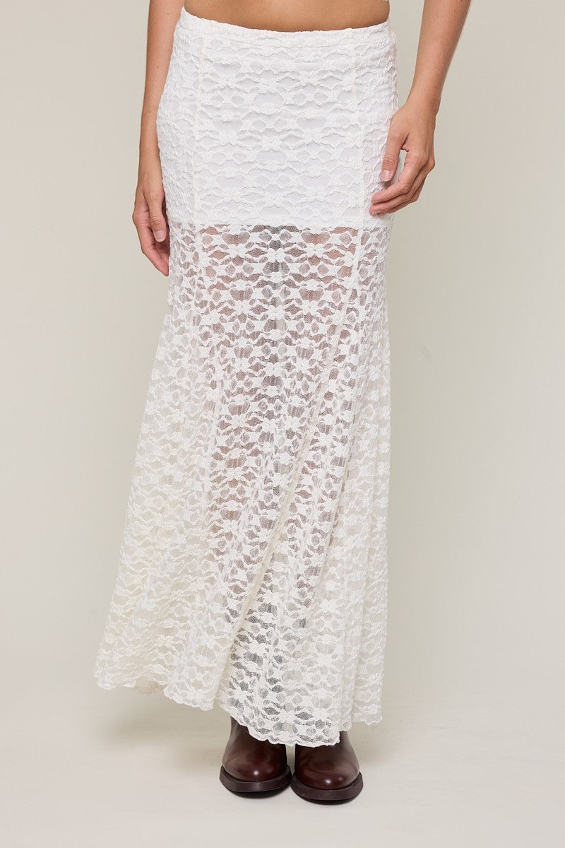 Solid Color See-through Floral Lace Maxi Skirt