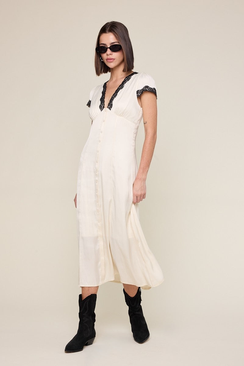 Satin Short Sleeve Lace Trim Point Long Midi Dress