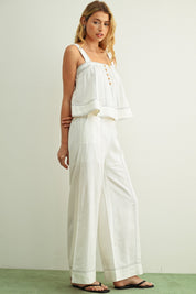 White Stitch Detailed Wide Leg Linen Pants