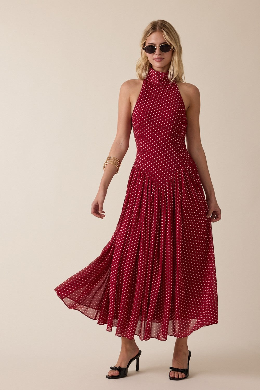 Ditsy Polka Dot Mock Neck Fit & flare Midi Dress