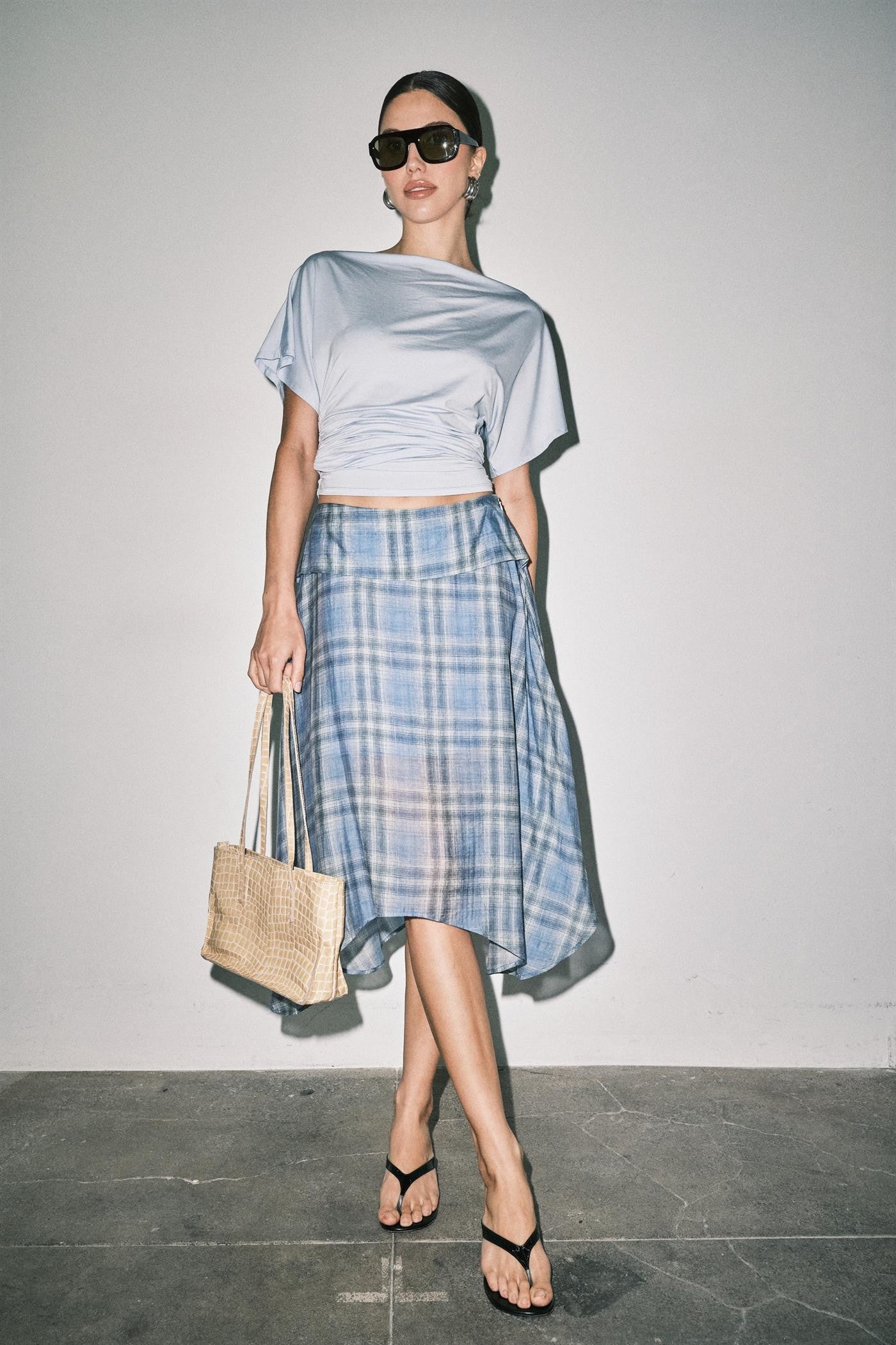 Emily Plaid Linen Wrap Asymmetric Midi Skirt