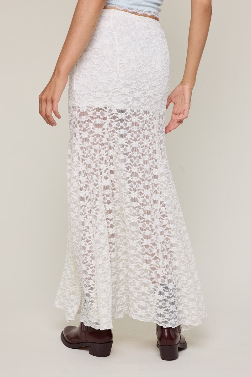 Solid Color See-through Floral Lace Maxi Skirt