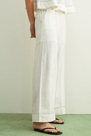 White Stitch Detailed Wide Leg Linen Pants