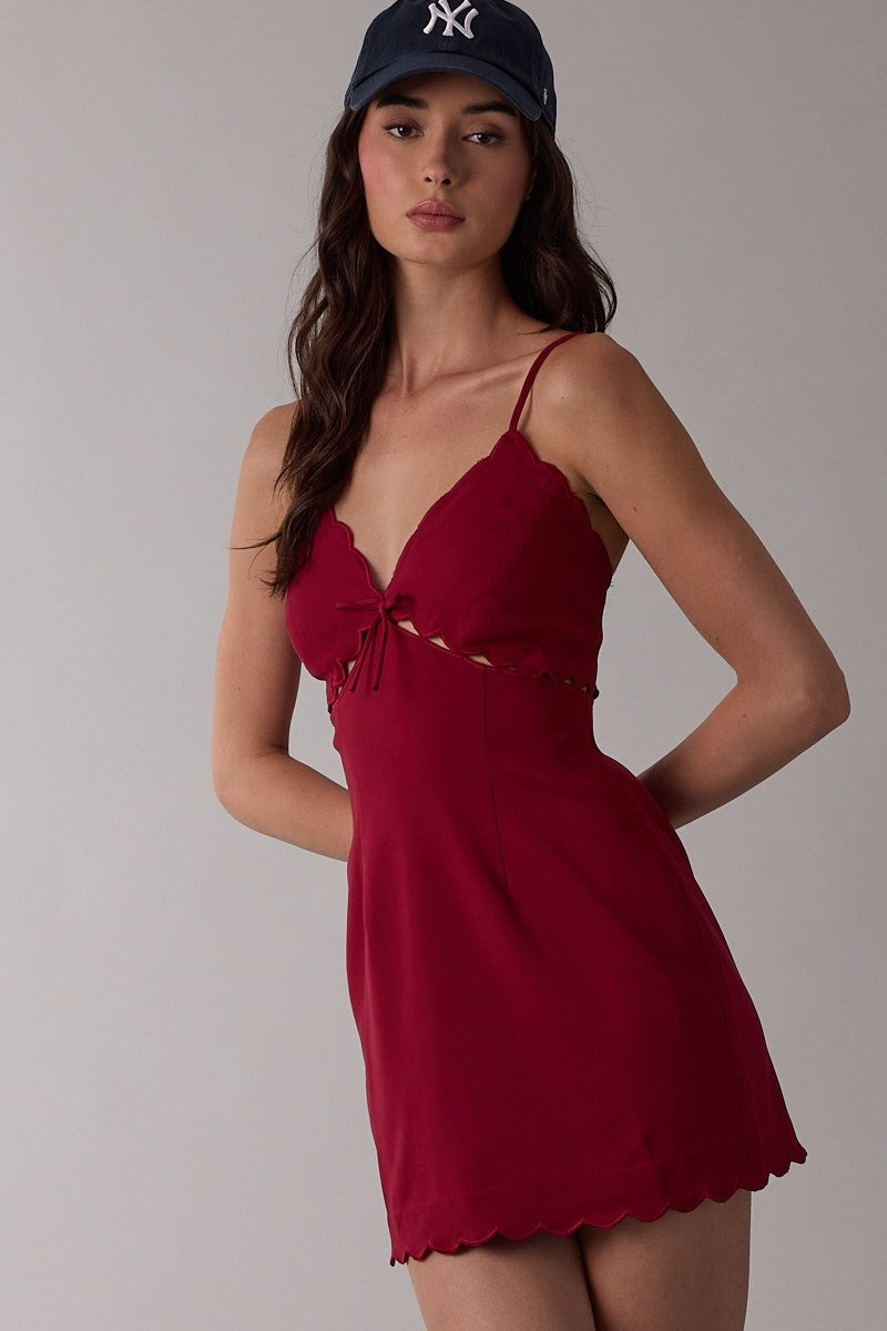 Shiny Solid Color Scallop Cut V-neck Mini Dress