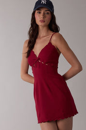 Shiny Solid Color Scallop Cut V-neck Mini Dress