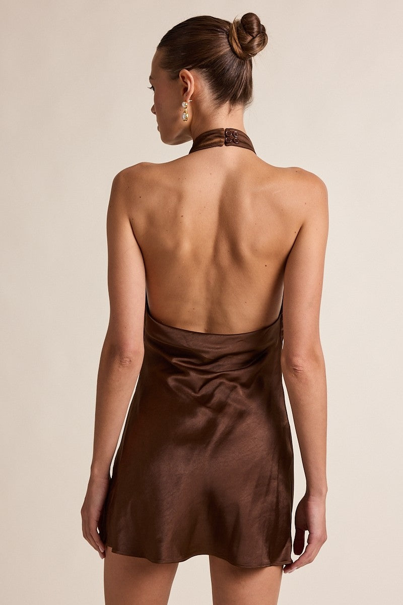 Brown Holiday Satin Mock Cowl Neck Open Back Mini Dress