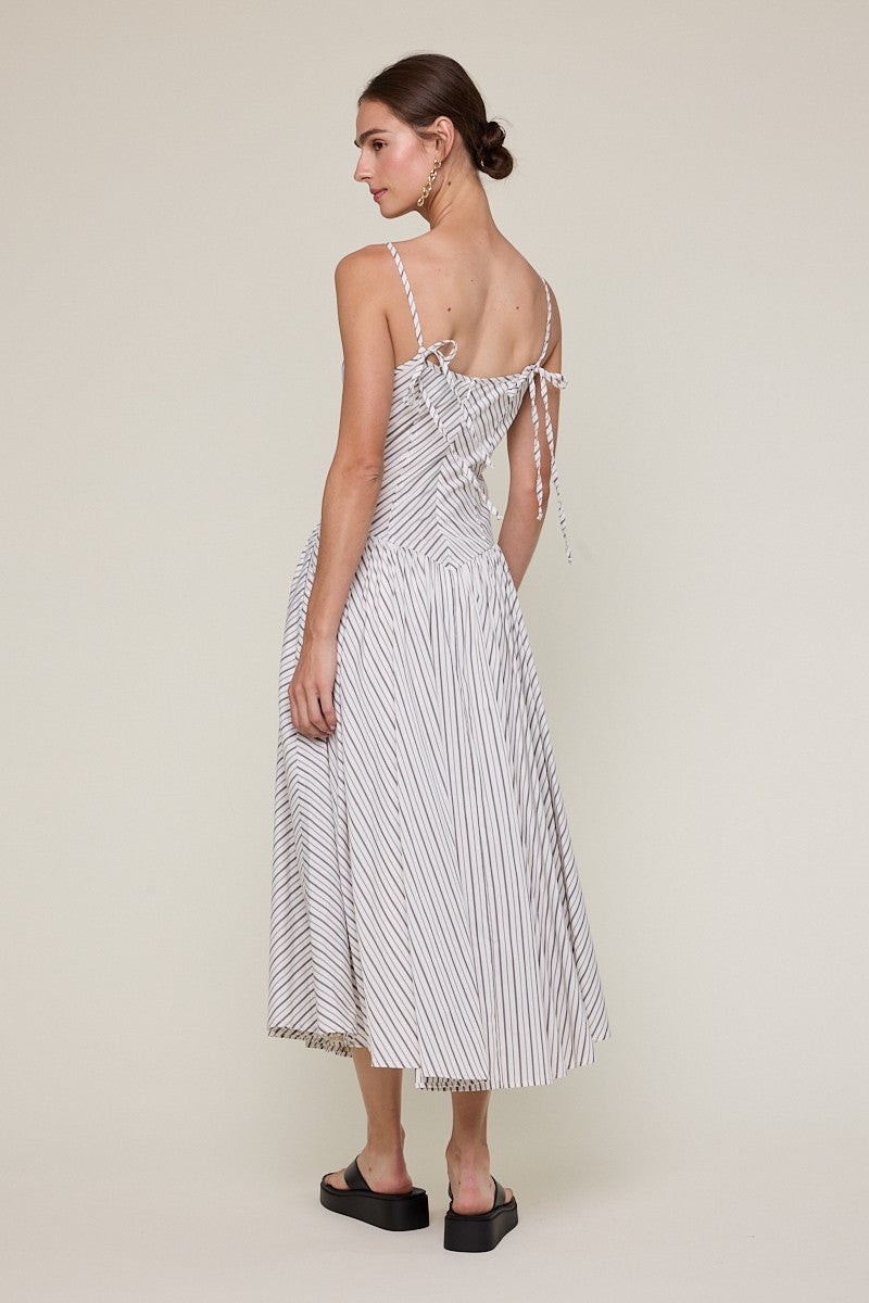 Black Striped Tie Strap Casual Fit & Flare Midi Dress
