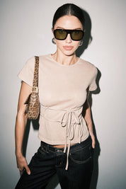 Tan Amber Fine Knit Tie Waist Short Sleeve Tee Top